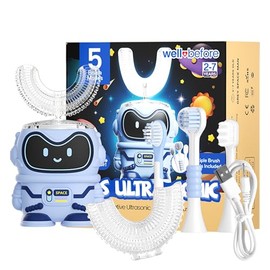 Well Before Kids U Shaped Electric Toothbrush with 5 Brush Heads, Ultrasonic, 5 Modes, IPX7 Waterproof Design (Spaceman, Blue Ages 2-7)