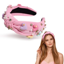 BYETOCE Valentines Day Embellished Pink Headband for Women Jeweled Crystal Knotted Headband Love Heart Top Knot Headband Party Hair Accessories Gift for Women