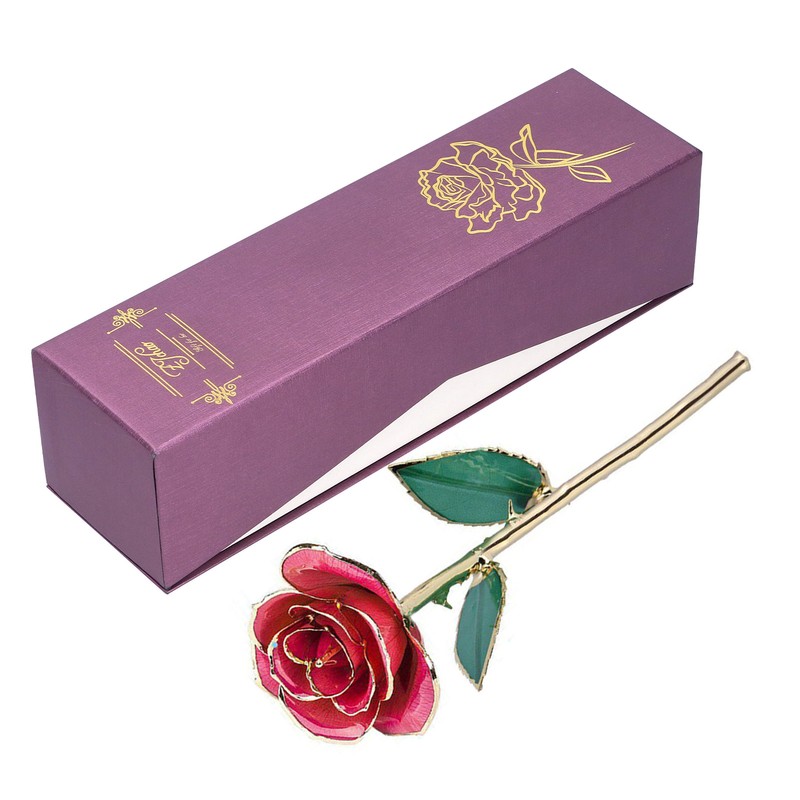 24K GoldPlated Rose Flower Pink Green Leaf for Valentine's Day