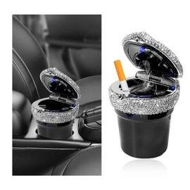 NYTKL Car Ashtray with Lid, Portable Bling Cylinder Cup Holder Ash Tray with LED Light Indicator, Sparkling Smokeless Ash Holder Mini Trash Can for Vehicle Home Office Travel (Black)