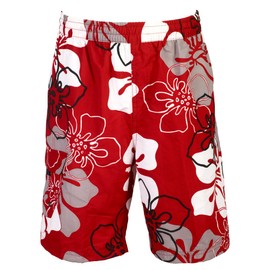 Olibia Mar: modern boys swimming shorts with florall pattern in red, size 176