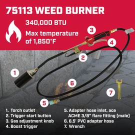 Chapin 75113: Heavy Duty Propane Weed Burner Torch, with 6.5 Feet PVC Hose, 340,000 BTU, Trigger Flame Engagement, 20 Lb Connection, Electric Piezo Ignition with Gas Valve, Propane Tank Not Included