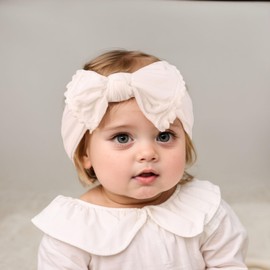 Kenjudess 3pcs Baby Girl Flower Nylon Headbands Soft Stretchy Donut Top Knot Wide Turban Hairbands Hair Bows Accessories for Newborn Infants Toddlers (Grey+White+Pink, Standard Small)