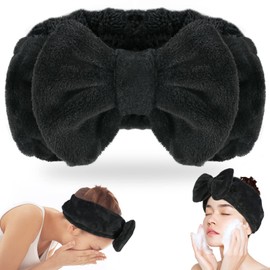 Shintop Spa Headband, Soft Carol Fleece Makeup Headband with Cute Bow Elastic Headband for Washing Face Skincare Facial Mask Showers（Black）