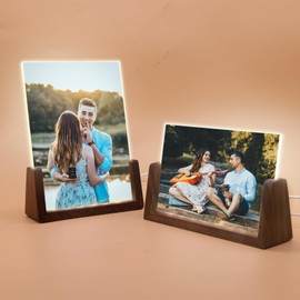 Walnut Night Light Photo Frame 2 Pack - Illuminated Acrylic Picture Frame with Glowing Wooden Base, USB Powered Including charger, Easy Photo Swap (Horizontal + Vertical, 5X7inch)