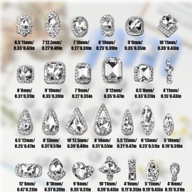 Silver Rhinestones for Nails, Pack of 26 Geometric Oval Square Water Drops Clear Nail Gemstones, Crystal Diamonds Metal Alloy Nail Stones 3D Nail Charms for Nail Design Decorations