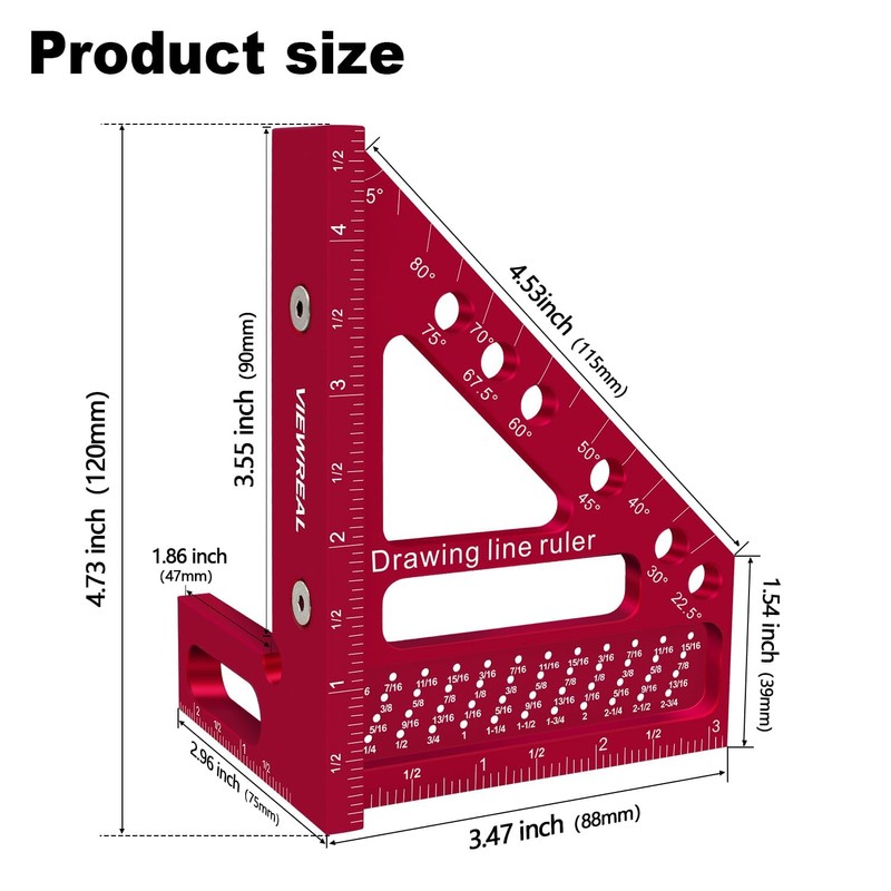 ViewReal Premium Carpenter Square Hole Scribing Ruler Woodworking Square 22.5-90