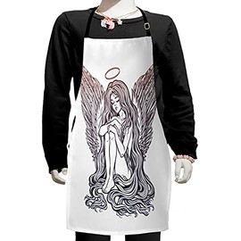 Ambesonne Angel Wings Apron, Innocence Girl with Long Hair and Aureole on Head Noel Theme, Small Apron Bib with Adjustable Ties for Baking Painting, Small Size, Dark Purple Eggplant