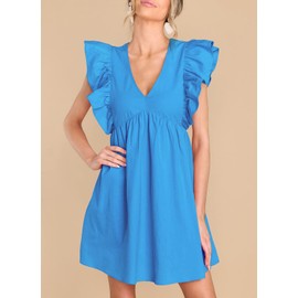 FANCYINN Women's Summer Ruffle Sleeveless Babydoll Mini Dress Deep V Neck Smock Loose Short Flowy Pleated Dresses Sky Blue XL