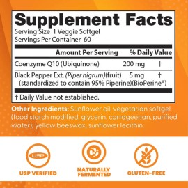 CoQ10 Antioxidante de Alta Absorción 200mg 60 Cápsulas Fórmula Natural con Bioperine Suplemento Vegetariano