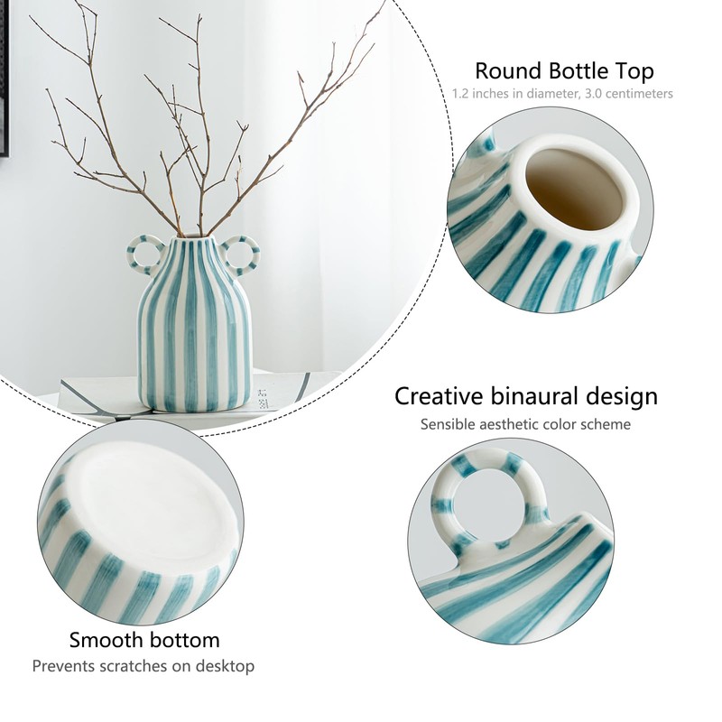 Blue and White Ceramic Vase, Mid Century Modern Striped Small