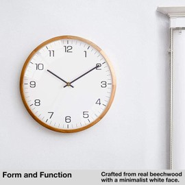 Driini Analog Dome Glass Wall Clock (12") - Wood Frame with White, Modern Face - Battery Operated with Non Ticking Hands - Large Decorative Clocks for Classroom, Office, Living Room, or Bedrooms.