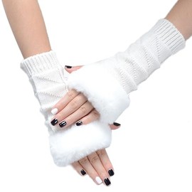 AWOCAN Arm Warmers Winter Faux Fur Knit Fingerless Gloves Winter Fingerless Wrist Warmer Mittens with Thumb Hole for women (WHITE)