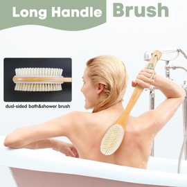 Bearona Body Brush with Exfoliating Mitt Set,Dual-Sided Long Handle with Soft and Stiff Natural Bristles, Shower Scrub for Dead Skin Removal,Body Exfoliator for Bath or Dry Brush