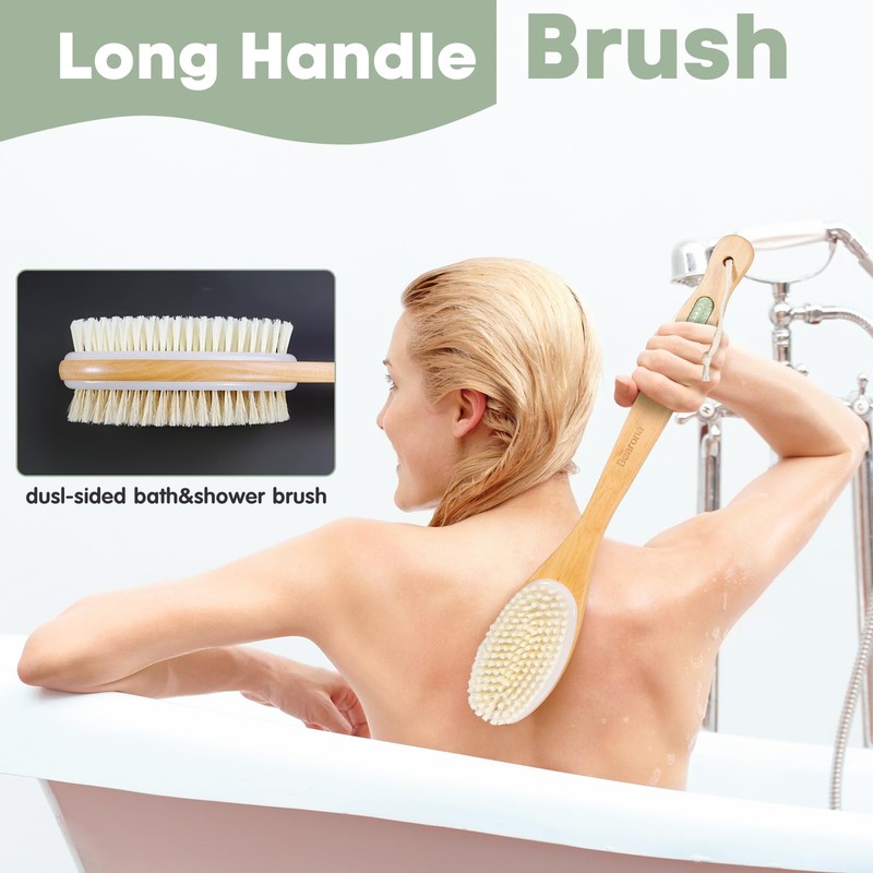 Bearona Body Brush with Exfoliating Mitt Set,Dual-Sided Long Handle with