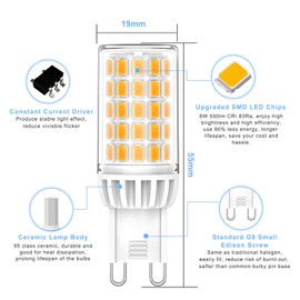 Eco.Luma G9 LED Bulbs Warm White 2700K, 6W Replacement for 50W 60W Halogen Lamps, No Flickering 360° Beam Angle LED G9, Non Dimmable AC 220-240V, Pack of 5