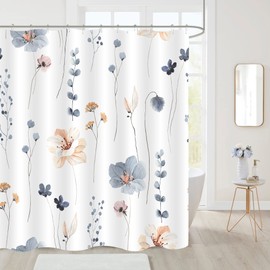 Gibelle Extra Long Shower Curtain 72 x 84, Watercolor Floral Fabric Shower Curtain, Blue Beige Flower Decorative Bathroom Shower Curtain Set