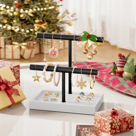 SZQINJI Bracelet Holder Organizer Jewelry Display Stand, Solid Wood Base with 2 Tier Metal T-bar for Bracelet Wristband Bangle Watch Necklace Hanging, White, Christmas Gift