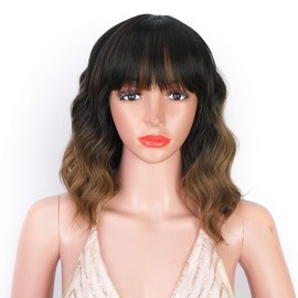 AISI HAIR Ombre Brown Short Wavy Bob Wigs with Bangs for Women Ombre Brown Wavy Wig Natural Looking Resistant Fiber Synthetic Hair Wig for Daily Short Curly Bob Wig with Bangs