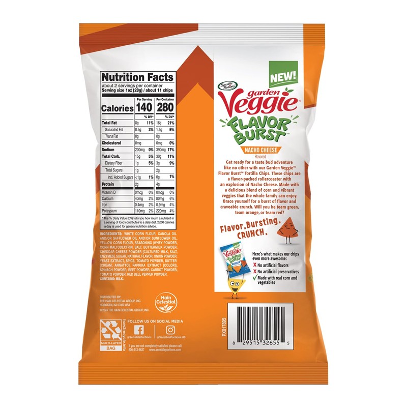 Sensible Portions Garden Veggie Flavor Burst Tortilla Chips, Nacho, 2