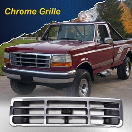 CHEDA Platinum Chrome Grill Grille w/Emblem Compatible With Ford F250 F350 1992-1997 F4TZ-8200-A
