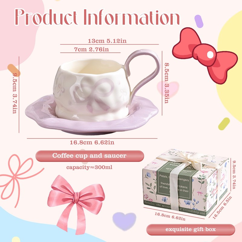 KERHAND Purple Ceramic Mug and Saucer Set with Bow and