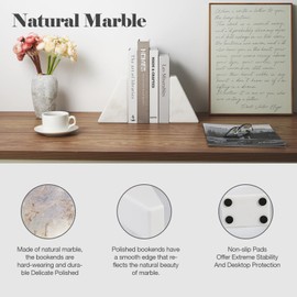 Karibiber Marble Book Ends Decorative, Unique Bookends for Shelves, White Stone Bookends Holds Heavy Books, Weighted Book Holder Stopper for Home Office Desk Bookshelf Decoration, Set of 2