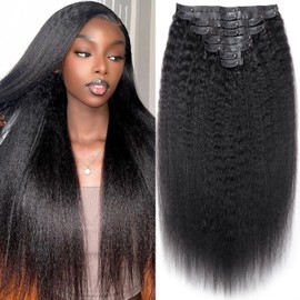 Seamless Kinky Straight Clip In Hair Extensions Invisible PU Weft Kinky Straight Clip Ins Human Hair Extensions 8pcs with 18Clips Per Set 120g(20inch,Natural Black)