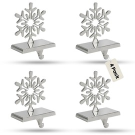 Iconikal 4-Pack Stocking Holders Christmas Chrome Metal Snowflake Weighted for Mantle, Holiday Fireplace Hangers