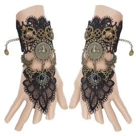 Juland Fingerless Gloves Gothic Floral Lace Steampunk Wristband Clock Vintage Gear Gloves Bridal Bracelet Rhinestone Ring Set - 1 Pair -S392