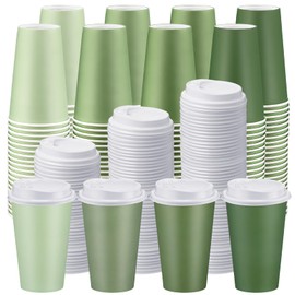 Jingmore 100 Pcs Disposable Coffee Cups with Lids Gradient 4 Disposable Paper Cups Disposable Hot Cups with Lids Coffee Cups for Hot Cold Beverages, Coffee, Tea (Green,16 oz)