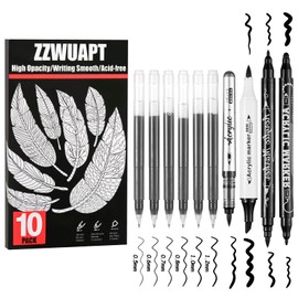 ZZWUAPT Black Pens Set,10 Pack Acrylic Ink Pens, Fine Point Paint Gel Pen,Brush Tip Acrylic Markers for Black Paper Drawing, Sketching, Illustration, Card Making, Bullet Journaling