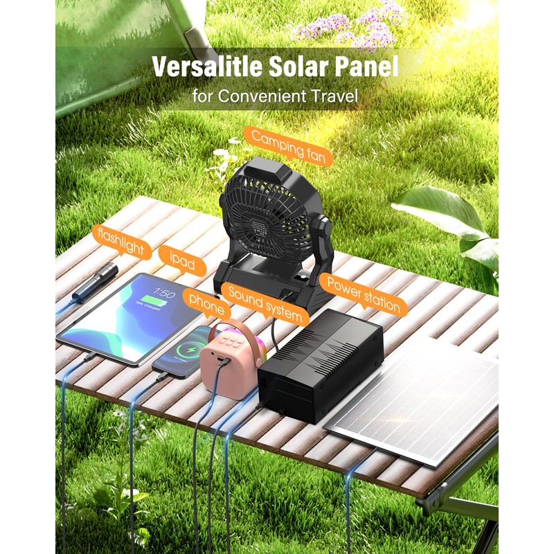 10200mAh Solar Fan, Camping Fan with Solar Panel, 7W 9-Inch