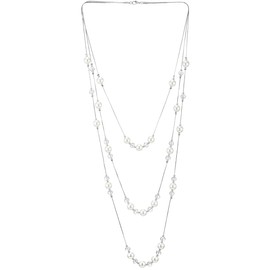 Beads Charms Statement Necklace Three-Strand Long Chains with White Pearls, Fashionable