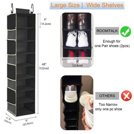 roomtalk Large-Sized Hanging Shoe Organizer 8-Shelf, Hanging Closet Organizer with 8 Side Pockets, Wider Hanging Shelves for Storage Shoes Clothes 9" W × 11.8" D× 48" H, Black.
