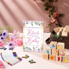 Tenceur 104 Pcs Baby Shower Game Sign Set Baby Shower Blocks to Decorate 54 DIY Blank Wooden Block 48 Watercolor Markers with Acrylic Box Set for Games Gender Reveals Party Supplies(Butterfly)