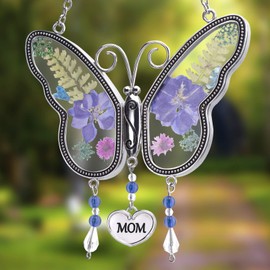Laraine Butterfly Suncatcher with Pressed Flower Wings Mother's Day Butterfly Glass Wind Chime Ornament Charm with Metal Heart Gifts for Mom Grandma Birthday (Purple Mom (with Free Hook))