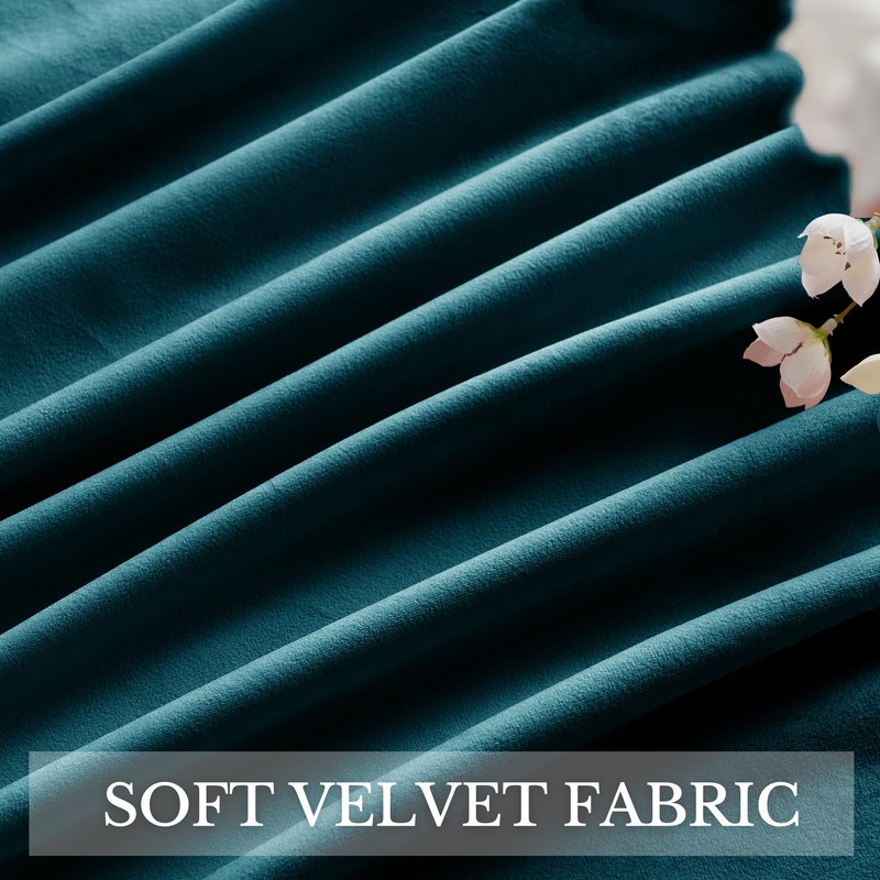 RYB HOME Teal Velvet Blackout Curtains with Pompoms for Bedroom