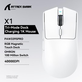 ATTACK SHARK X1 Ultralight Wireless Gaming Mouse with Magnetic RGB Charging Dock,Anti Slip Grip Tape,PixArt PAW3395 Pro Sensor,40000DPI,BT/2.4Ghz/Wired,Optical Micro Switch for PC Mac Gamer(White)