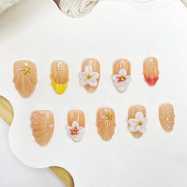 Rhinestones Press on Nails French Tip Handmade Press on Nails Short Almond Fake Nails with 3D Flower Fake Nails Full Cover Design False Nails Reusable Acrylic Nails for Women Art Manicure (Size M)