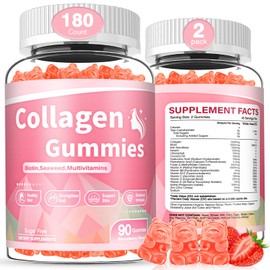 180 Count Collagen Gummies 2500mg Collagen Protein Type I II III V X with Biotin Vitamin C A B D E Keratin Hyaluronic Acid for Hair Skin Nails Joint Immune Digestion Women Men Sugar Free Strawberry