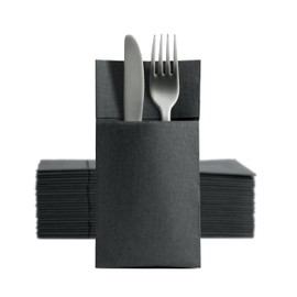 Aroba 50 Soft Point Cutlery Napkins, Soft Material, Volume and Structure, Ready Folded Napkins with Slot, 39 x 38 cm, 1/8 Fold Cutlery Bag, Good Quality, Black