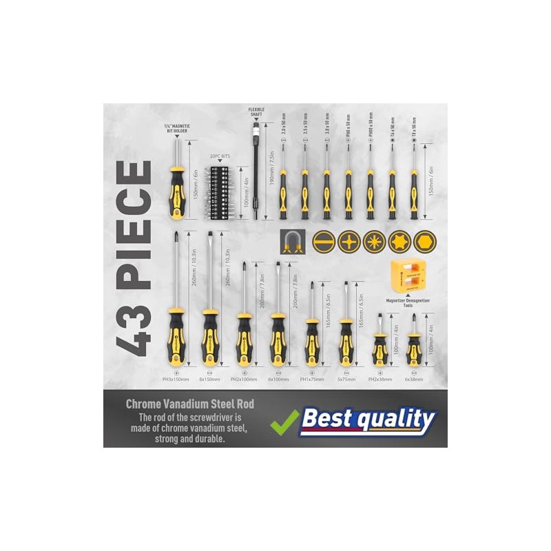 Magnetic Screwdrivers Set with Case, Amartisan 43-piece Includs Slotted, Phillips,