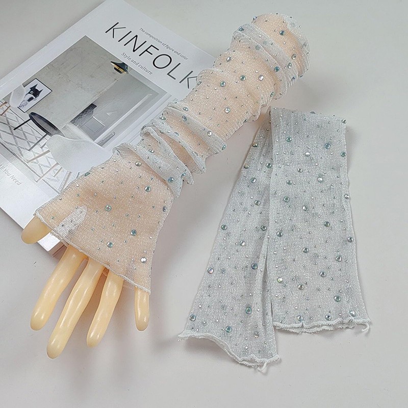 Gloritmo Women's Long Fingerless Sheer Gloves Rhinestone Elbow Length Mesh