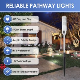 B-right Outdoor Pathway Lights, 6 Pcs LED Path Lights AC Plug 12V Low Voltage Landscape Lighting 570 Lumens, Extendable IP65 Waterproof Outdoor Garden Light for Patio Yard Walkway, Cool White 6000K