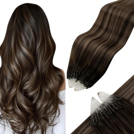 Hetto Micro Loop Hair Extensions Balayage Brown Micro Ring Hair Extensions Invisible Human Hair Darkest Brown to Light Brown mix Darkest Brown #2/8/2 14 Inch 50 Strands 50g