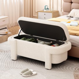 Favfurish Storage Bench,Upholstered Oval Ottoman with Wood Legs,End of Bed Stool w/Safety Hinge,Bedroom Upholstered Footrest,for Living Room,Entryway,Linen Fabric,Beige