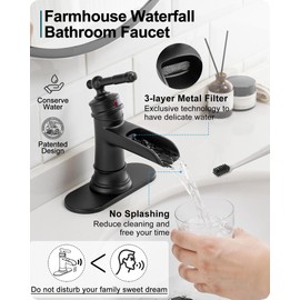 HOIGY Waterfall Bathroom Faucet, Brass Matte Black Faucet Bathroom, 1 Hole Bathroom Faucets Single Handle, 3 Holes 4 Inch Faucet for Bathroom Sink with Drain Deck Plate & Supply Hoses for Lavatory