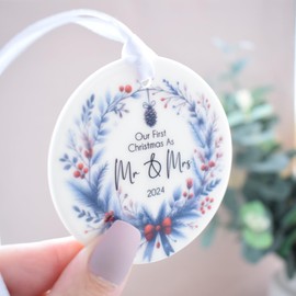 Our First Christmas as Mr & Mrs 2024 Hanging Decoration. Navy and Red Wreath Ceramic Ornament for Newlyweds.Wedding Gift. Xmas Tree Keepsake Bauble