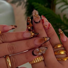 Tortoiseshell Leopard French Tip Press on Nails Medium Almond Fake Nails with 3D Flower Blossom Gradient Design Gold Bead Stick on Nail Fall Winter Handmade Acrylic False Nails for Women 24Pcs